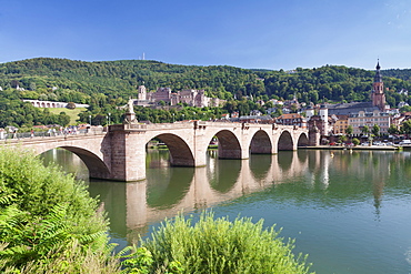 Old town with Karl-Theodor-Bridge (Old Bridge), Heilig Geist Church and Castle, Neckar River, Heidelberg, Baden-Wurttemberg, Germany, Europe