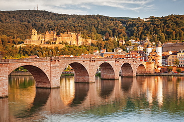 Old town with Karl-Theodor-Bridge (Old Bridge) and Castle, Neckar River, Heidelberg, Baden-Wurttemberg, Germany, Europe