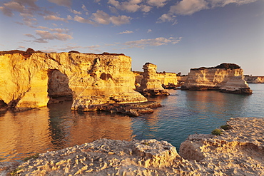 Rocky columns, natural monument, rocky coast at sunrise , Sant'Andrea, Adriatic Sea, Lecce province, Salentine Peninsula, Puglia, Italy, Mediterranean, Europe