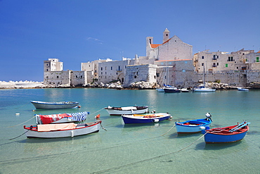 Fishing boats at the harbour, old town with cathedral, Giovinazzo, Bari district, Puglia, Italy, Mediterranean, Europe