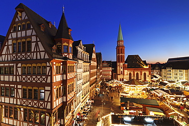 Christmas fair at Roemer, Roemerberg square, Nikolaikirche church, Frankfurt, Hesse, Germany, Europe