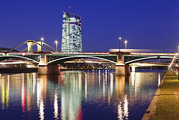 View over Main River to Ignatz Bubis Bridge and European Central Bank, Frankfurt, Hesse, Germany, Europe