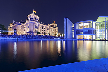 Lightshow about German history, Reichstag Parliament Building and Paul Loebe Haus Building, Berlin Mitte, Berlin, Germany, Europe