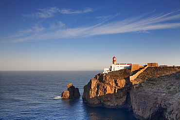 Lighthouse at Cabo de Sao Vicente at sunrise, Sagres, Algarve, Portugal, Europe