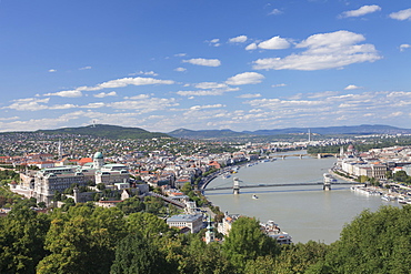 View from Gellert Hill to Buda Castle, Danube River and Parliament, Budapest, Hungary, Europe