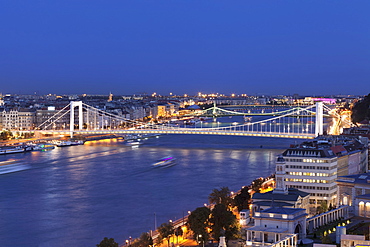 View over Danube River to Elisabeth Bridge and Liberty Bridge, Budapest, Hungary, Europe