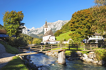 Parish Church, Reiteralpe Mountain, Ramsauer Ache River, Ramsau, Berchtesgadener Land, Upper Bavaria, Bavaria, Germany, Europe