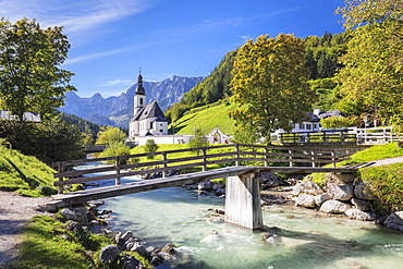 Church by Ramsauer Ache river in Bavaria, Germany, Europe