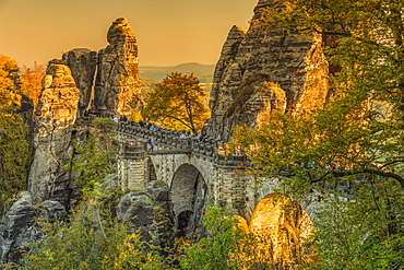 Bastei Bridge at sunset in Elbe Sandstone Mountains, Germany, Europe