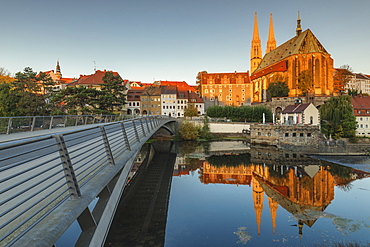 View over Neisse River to St. Peter and Paul Church at sunrise, Goerlitz, Saxony, Germany, Europe