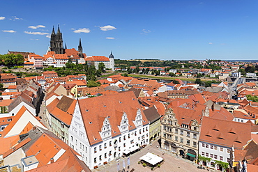 View over market square with townhall to Cathedral and Albrechtsburg Castle, Meissen, Saxony, Germany, Europe