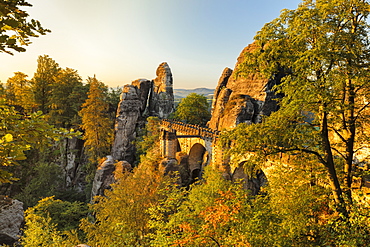 Bastei Bridge at sunrise, Elbsandstein Mountains, Saxony Switzerland National Park, Saxony, Germany, Europe