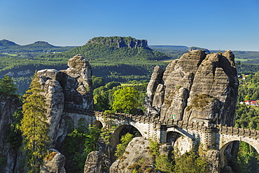 View from Bastei Bridge to Lilienstein Mountain, Elbsandstein Mountains, Saxony, Germany, Europe