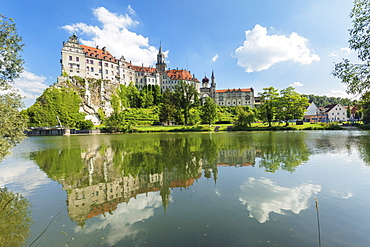 Sigmaringen Castle reflecting in Danube river, Upper Danube Valley, Swabian Jura, Baden-Wurttemberg, Germany, Europe