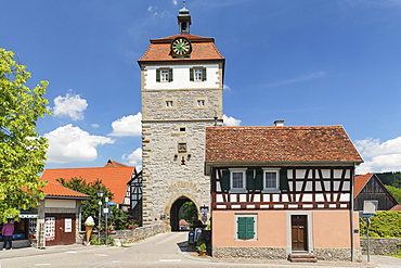 Torturm Tower at the town wall, Vellberg, Hohenlohe, Baden-Wurttemberg, Germany, Europe