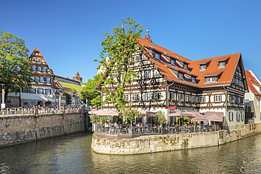 View over Wehrneckarkanal chanel to St. Dionys church, Esslingen am Neckar, Baden-Wuerttemberg, Germany, Europe