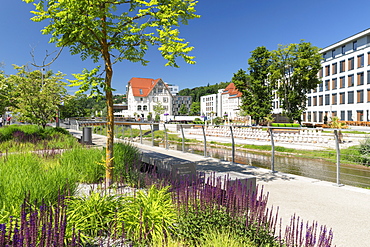 Promenade at Rems river, view to Villa Hirzel, Schwaebisch-Gmund, Baden-Wurttemberg, Germany, Europe