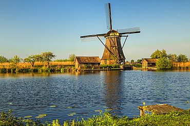 Windmill at sunset, Kinderdijk, UNESCO World Heritage Site, South Holland, Netherlands, Europe