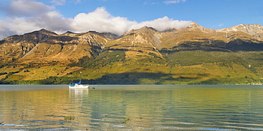 Sailing boat at Glenorchy Lagoon at sunrise, Glenorchy, Otago, South Island, New Zealand, Pacific