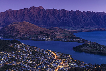 View over Queenstown and Lake Wakatipu to The Remarkables Mountains, Otago, South Island, New Zealand, Pacific