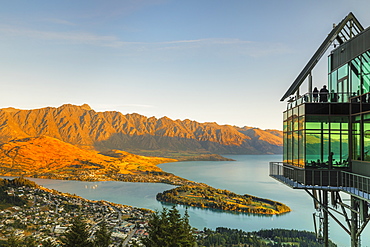 View over Queenstown and Lake Wakatipu from Skyline Queenstown Bar and Restaurant, Otago, South Island, New Zealand, Pacific