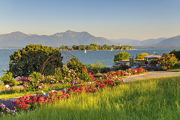 View to Fraueninsel Island at sunset, Gstadt am Chiemsee, Lake Chiemsee, Upper Bavaria, Germany, Europe