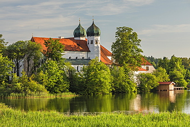 Seeon Abbey at Lake Seeoner See, Chiemgau, Chiemgau Alps, Upper Bavaria, Germany, Europe