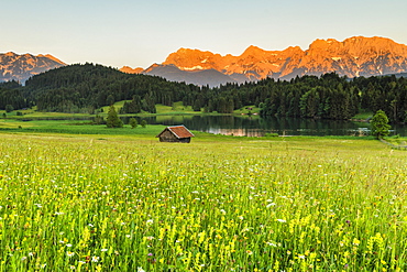 Geroldsee Lake against Karwendel Mountains at sunset, Klais, Werdenfelser Land, Upper Bavaria, Germany, Europe