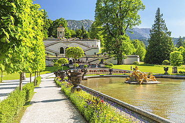 Water Parterre and stairs to Venus Temple, Linderhof Palace, Werdenfelser Land, Bavarian Alps, Upper Bavaria, Germany, Europe