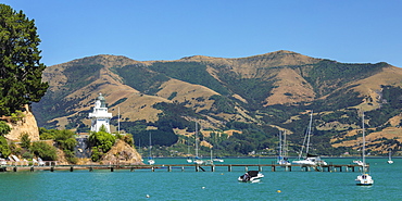 Lighthouse in the Bay of Akaroa, Banks Peninsula, Canterbury, South Island, New Zealand, Pacific