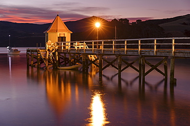 Daly's Wharf, historic jetty, Akaroa Harbour, Banks Peninsula, Canterbury, South Island, New Zealand, Pacific