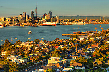 View from Devonport to the Skyline of Auckland at sunrise, North Island, New Zealand, Pacific