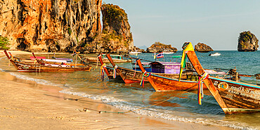 Longtail boats on Phra Nang beach, Railay Peninsula, Krabi Province, Thailand, Southeast Asia, Asia