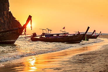 Longtail boats at Phra Nang Beach at sunset, Rai Leh Peninsula, Krabi Province, Thailand, Southeast Asia, Asia