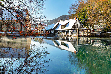 Mill at Blautopf Lake, Blaubeuren, Swabian Alps, Baden-Wurttemberg, Germany, Europe