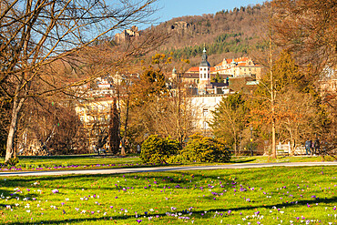 View from spa park to the new castle and Hohenbaden castle ruin, Baden-Baden, Black Forest, Baden-Wurttemberg, Germany, Europe