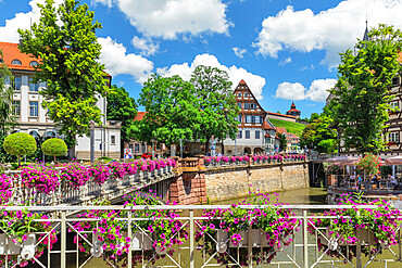 View over Rossneckar Canal to the castle, old town of Esslingen am Neckar, Baden-Wurttemberg, Germany, Europe