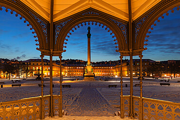 View from band stand shell to the New Castle on Schlossplatz Square, Stuttgart, Neckar Valley, Baden-Wurttemberg, Germany, Europe