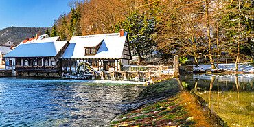 Mill at Blautopf Lake, Blaubeuren, Swabian Alps, Baden-Wurttemberg, Germany, Europe