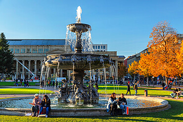 Fountain at Schlossplatz Square in autumn, Stuttgart, Baden-Wurttemberg, Germany, Europe