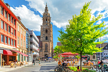 Cafes on the market square with Kilianskirche Church, Heilbronn, Baden-Wurttemberg, Germany, Europe