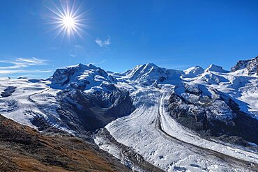 Monte Rosa massif with Dufourspitze (4633m) and Liskamm with Gorner Glacier, Swiss Alps, Zermatt, Valais, Switzerland