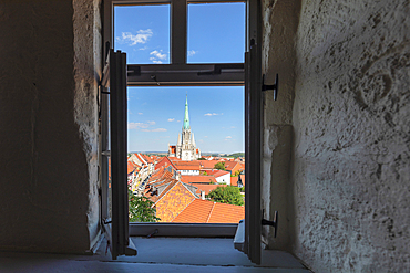 View from Raven Tower across the Old Town towards Church of St. Mary, Mühlhausen, Thuringia, Germany