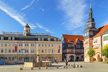 St. Georg fountain and town hall, Eisenach, Thuringian Forest, Thuringia, Germany