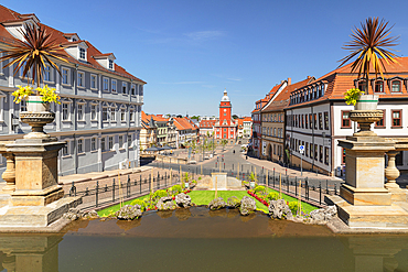 View from Waterworks fountain to Hauptmarkt marketplace and town hall, Gotha, Thuringian Basin, Thuringia, Germany