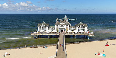 Pier and beach chairs on the beach of Sellin, Ruegen Island, Baltic Sea, Mecklenburg-Western Pomerania, Germany, Europe