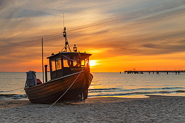 Fishing boat on the beach of Ahlbeck, Usedom Island, Baltic Sea, Mecklenburg-Western Pomerania, Germany, Europe