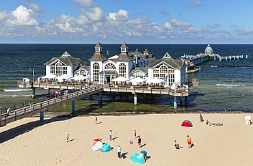 Pier and beach chairs on the beach of Sellin, Ruegen Island, Baltic Sea, Mecklenburg-Western Pomerania, Germany, Europe