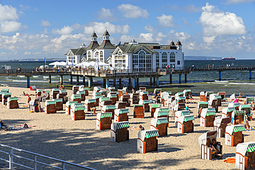 Pier and beach chairs on the beach of Sellin, Ruegen Island, Baltic Sea, Mecklenburg-Western Pomerania, Germany, Europe