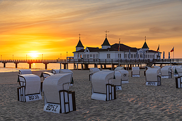 Pier and beach chairs on the beach of Ahlbeck, Usedom Island, Baltic Sea, Mecklenburg-Western Pomerania, Germany, Europe